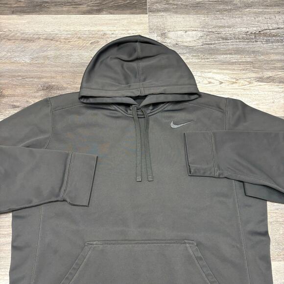 Nike Therma-Fit‎ Gray Mens L Fleece Mini Swoosh Pullover Sweatshirt Hoodie EUC - Picture 1 of 11